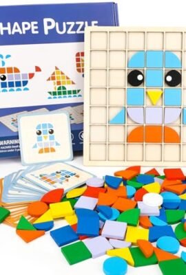 Tangram Legno Giochi Educativi, Gioco di mosaico puzzle, Forma Colore macthing gioco con 137 Pezzi Geometriche e 20 Carte di Apprendimento，Giochi Montessori 3 4 5 6 Anni