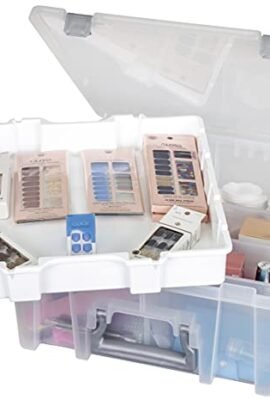 AB Designs Super Satchel 6899ABD Scatola organizer a doppio fondo con vassoio sollevabile e divisori rimovibili, contenitore impilabile per la casa, trasparente, con chiusure e maniglia argentate