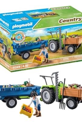 PLAYMOBIL Country 71249 Trattore con rimorchio, incl. cassete per Il Trasporto, Trattore Verde per la Fattoria Biologica, Giocattolo sostenibile per Bambini dai 4 Anni in su