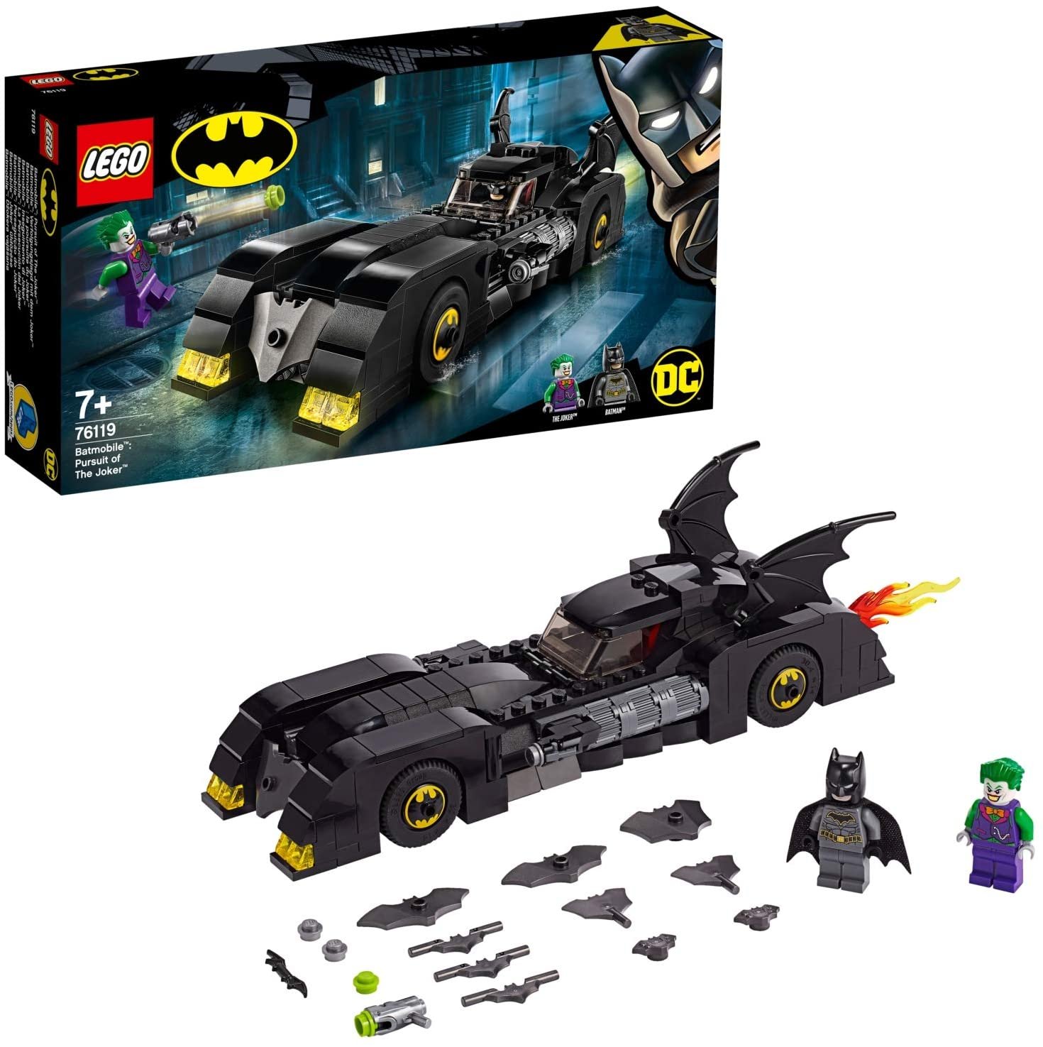 Contenuto del set LEGO 76119, Inseguimento di Joker con le due minifigure di Batman e Joker e Batmobile