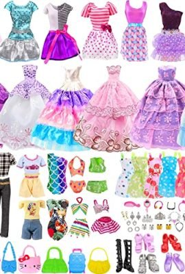 56-Piece Barbie Doll Clothing & Accessories Set – Mini Doll Outfits, Dresses, Pants, Bikinis, Shoes, Bag & More for 11.5-Inch Princess Dolls (Random Delivery)