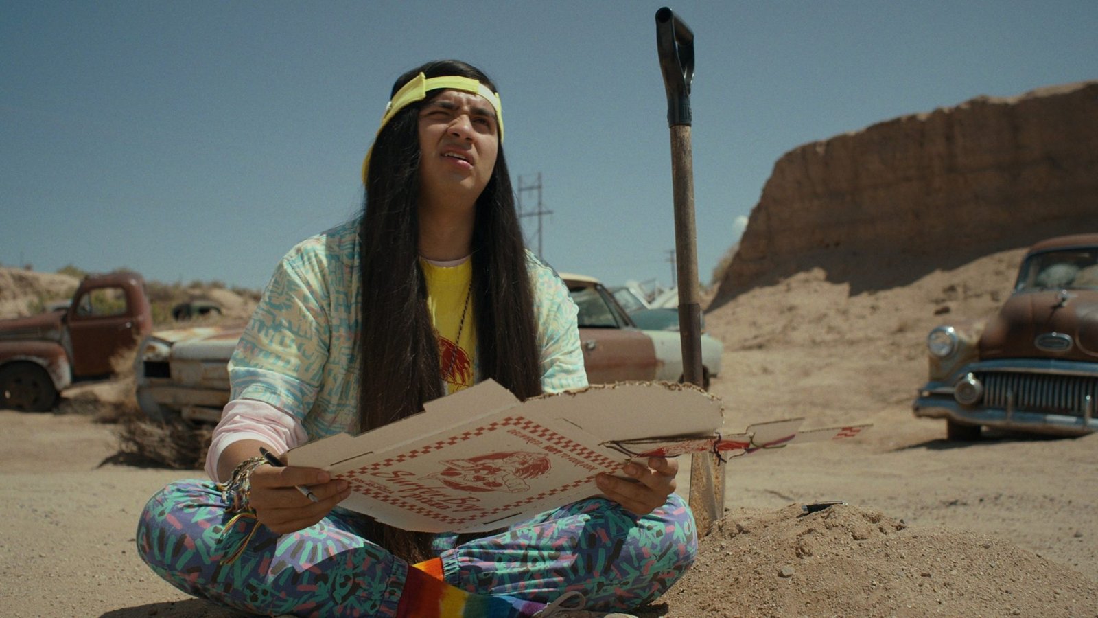 Argyle con cartone della Surfer Boy Pizza