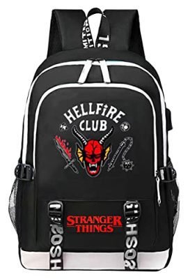 Amycute Stranger Things Backpack – Hellfire Club Black Fashion Print Sports Backpack with USB Port, Large-Capacity Student Backpack for Outdoor Use, Unisex