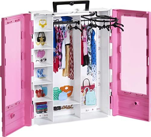 Barbie - Armadio da Sogno Fashionistas, armadio rosa trasportabile con tanti accessori trendy inclusi, sei appendini e tanto spazio per riporre i vestiti, giocattolo per bambini, 3+ anni, GBK11