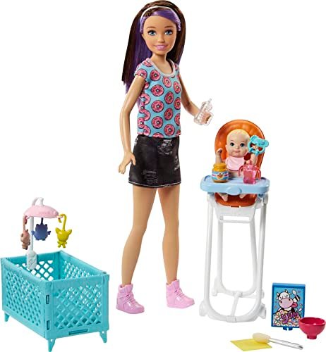 Barbie- Babysitters Pappa e Nanna Playset con Bambola Skipper, Seggiolone, Lettino e Bebè con Boccuccia Cambia Colore, Multicolore, FHY98