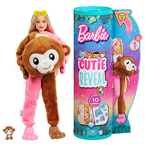 Barbie - Bambola Barbie Cutie Reveal Scimmia, Serie Amici della giungla, con costume da scimmietta, di peluche e 10 sorprese con tecnologia cambia colore, Giocattolo per Bambini 3+ Anni, HKR01