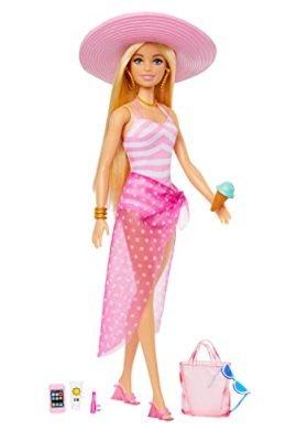 Barbie - Blonde Doll with Pink and White Swimsuit, Barbie with Polka-Dot Pareo, Sun Hat, Tote Bag, and Numerous Beach Accessories, Toy for Children, 3+ Years, HPL73