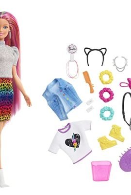 Barbie - Multicolor Hair Doll with Color-Changing Feature, Includes Headband and Cat-Shaped Bag with Leopard-Themed Accessories, Toy for Kids 3+ Years, GRN81