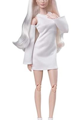 Barbie - Signature Barbie Doll, Blonde, Curly Hair, with White Dress and Boots, Toy for Kids 6+ Years, GXB28