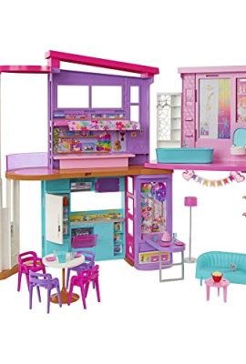 Barbie - Barbie Malibu House (106 cm) dollhouse playset with 2 floors, 6 rooms, a lift, a swing, and over 30 accessories, Toy for Children Ages 3+, HCD50