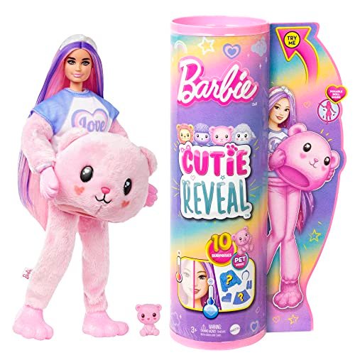 Barbie - Barbie Cutie Reveal Serie Pigiamini, bambola con costume da orsacchiotto di peluche, t-shirt Love, accessori e 10 sorprese cambia colore, giocattolo per bambini, 3+ anni, HKR04