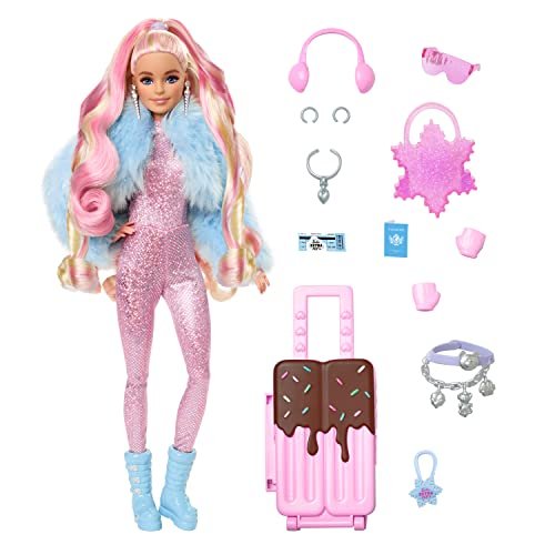 Barbie - Barbie Extra Fly, bambola viaggiatrice con look a tema neve, tuta rosa luccicante e cappotto alla moda, 15+ accessori per lo styling inclusi, giocattolo per bambini, 3+ anni, HPB16