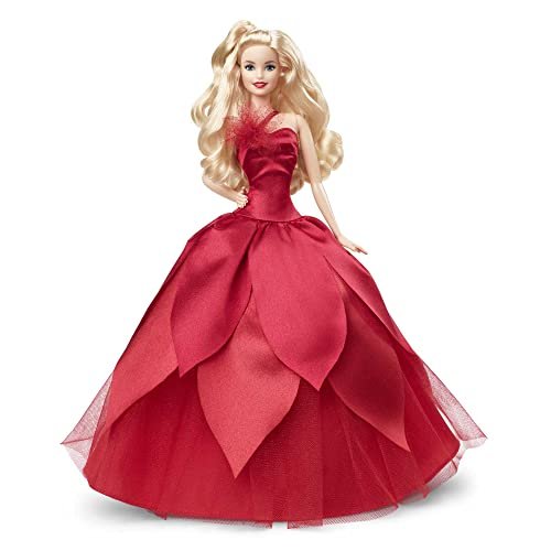 Barbie -  Barbie Signature Magia delle Feste 2022 bambola bionda, capelli ondulati, abito rosso con ampia gonna e orecchini pendenti, da collezione, Giocattolo e regalo per Bambini 6+ Anni, HBY03