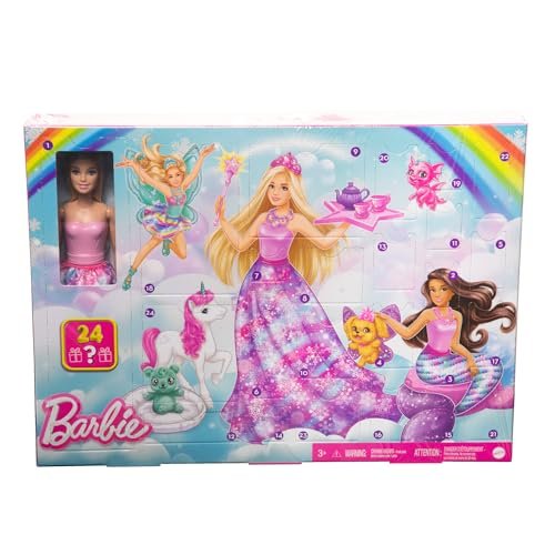 Barbie - Calendario dell'Avvento Barbie Dreamtopia, 24 Sorprese Tra Cui Una Bambola, Abiti da Sirena e Accessori da Favola, Personaggi Unicorno e Drago, Giocattolo per Bambini, 3+ Anni, HVK26