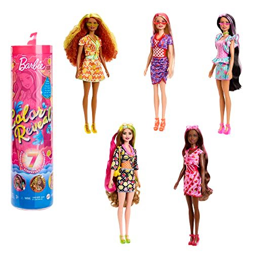 Barbie - Color Reveal Serie Dolci Frutti bambola profumata con 7 sorprese cambia-colore e accessori, Giocattolo per Bambini 3+ Anni, HJX49