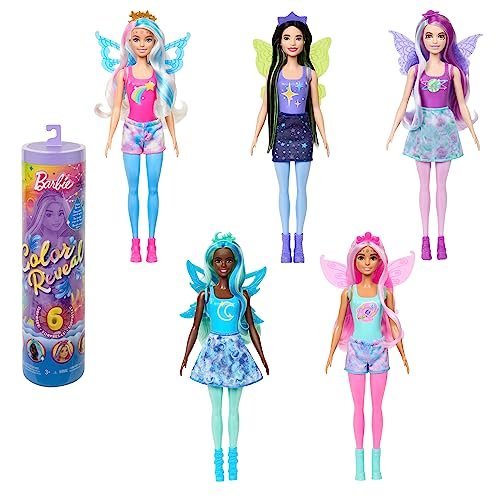 Barbie - Color Reveal Serie Rainbow Galaxy, bambola con 6 sorprese da scoprire, con brillantini celestiali ed effetto cambia colore, giocattolo per bambini, 3+ anni, HJX61