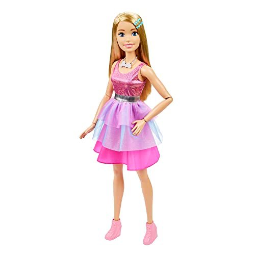 Barbie - La Mia Prima Barbie, Barbie Grande Amica, alta 71 cm con abito rosa scintillante, collana, fermaglio per capelli e tanti accessori, giocattolo per bambini, 3+ anni, HJY02