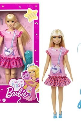 Barbie - My First Barbie, Toy for Kids Ages 3+, 34 cm Tall Doll with Soft Body and Articulated Limbs, Pink Dress and Heart-Shaped Handbag, Accessories & Plush Puppy, HLL19