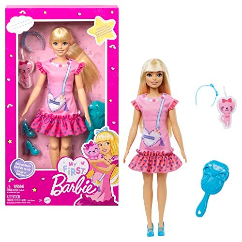 Barbie - La Mia Prima Barbie, Giocattolo per Bambini 3+ anni, Bambola Alta 34 cm con Busto Morbido e Arti Snodati, Abito Rosa e una Borsetta a Forma di Cuore, Accessori e Cucciolo di Peluche, HLL19
