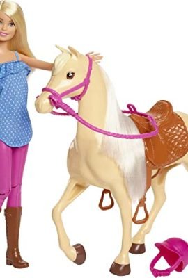 Barbie - Doll and Horse Playset, Includes a Blonde, Bobbed-Hair Barbie with a Saddle and Removable Bridle, Horse in Brown with Saddle and Bridle, Toy for Kids, 3+ Years, FXH13