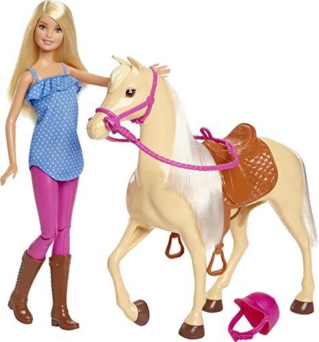 Barbie - Playset Bambola e Cavallo, Include una Barbie Snodata Bionda con il Caschetto e il Suo Cavallo Marrone con Sella e Briglie Rimovibili, Giocattolo per Bambini, 3+ Anni, FXH13
