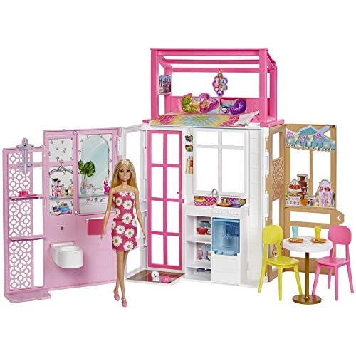 Barbie - Playset con Bambola e Casa a 2 Piani con 4 Aree Gioco, Arredata, con Cagnolino e Accessori, Giocattolo per Bambini 3+ Anni, HCD48