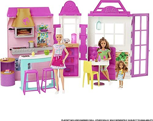 Barbie- Playset Il Ristorante con Oltre 30 Accessori da Cucina e 6 Aree da Gioco, con Bambola Inclusa, Giocattolo per Bambini 3+Anni, HGP59, Imballaggio Sostenibile [Esclusivo Amazon]