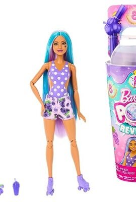 Barbie - Pop Reveal Fruit Series, grape foam-themed doll with 8 scented surprises and a color-changing effect, including a puppy and slime accessories, toy for children aged 3+, HNW44