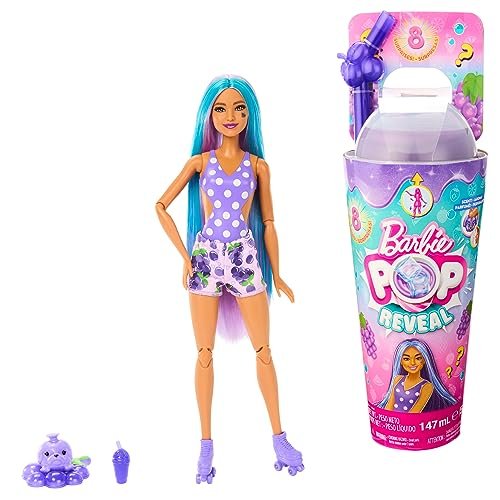 Barbie - Pop Reveal Serie Frutta, bambola a tema spuma d'uva con 8 sorprese profumate e con effetto cambia colore, cucciolo e accessori Slime inclusi, giocattolo per bambini, 3+ anni, HNW44