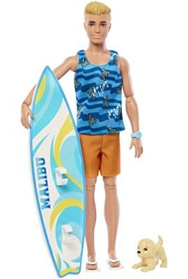 Barbie - Blonde Ken Set with Surfboard and Puppy, includes a doll in sporty attire, themed flip-flops, and plenty of beach accessories—perfect for kids aged 3+! HPT50