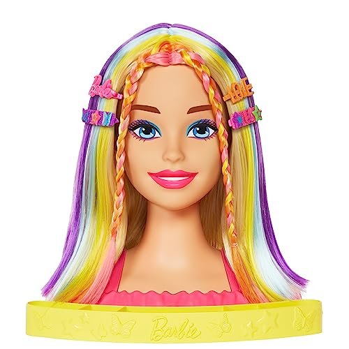 Barbie - Styling Head Capelli Arcobaleno, testa pettinabile con capelli biondi e ciocche arcobaleno fluo da acconciare, con accessori Color Reveal, giocattolo per bambini, 3+ anni, HMD78