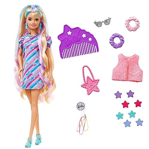 Barbie - Super Chioma Bambola con abito a stelle, capelli fantasia lunghi 21,6cm, abito, 15 accessori alla moda - 8 con effetto cambia colore, Giocattolo per Bambini 3+ Anni, HCM88