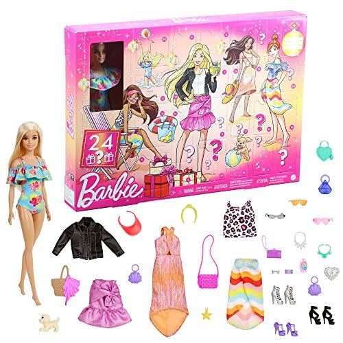 Barbie, Calendario dell'Avvento con bambola, 24 sorprese tra cui abbigliamento e accessori alla moda per il giorno e la notte, confezione a tema festivo per bambini dai 3 ai 7 anni, GXD64