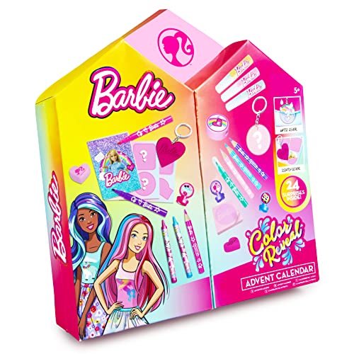 Barbie, Calendario dell'avvento di Barbie Colour Reveal: contiene 24 sorprese, tra cui portachiavi, cancelleria e adesivi, accessori per bambole per ragazze, calendario dell'Avvento di cancelleria