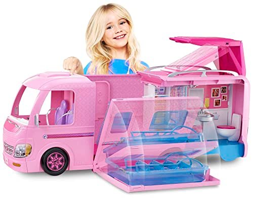 Barbie Camper dei Sogni, Playset Veicolo da Viaggio, il Camper si Apre e si Trasforma in Piscina, con Armadio, Bagno e Tanti Accessori da Campeggio Inclusi, Giocattolo per Bambini, 3+ Anni, Fbr34