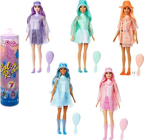 Barbie Color Reveal con 7 sorprese, Serie Sole Pioggia con Nuvolette ed Effetto Cambia Colore, Regalo e Giocattolo per Bambini 3+ Anni, HCC57 , modello casuale e assortito.