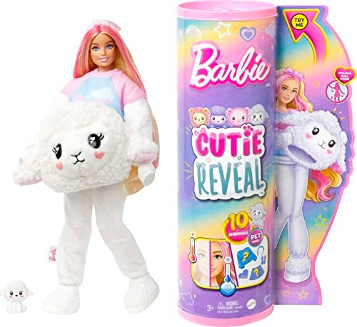 Barbie, Cutie Reveal Serie Pigiamini, Bambola con Costume da Agnellino di Peluce, t-Shirt Dream e Accessori, 10 Sorprese Cambia Colore, Giocattolo per Bambini, 3+ Anni, HKR03