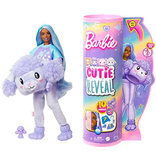 Barbie, Cutie Reveal Serie Pigiamini, Bambola con Costume da Barboncino di Peluche, t-Shirt Star e Accessori, 10 Sorprese Cambia Colore, Giocattolo per Bambini, 3+ Anni, HKR05