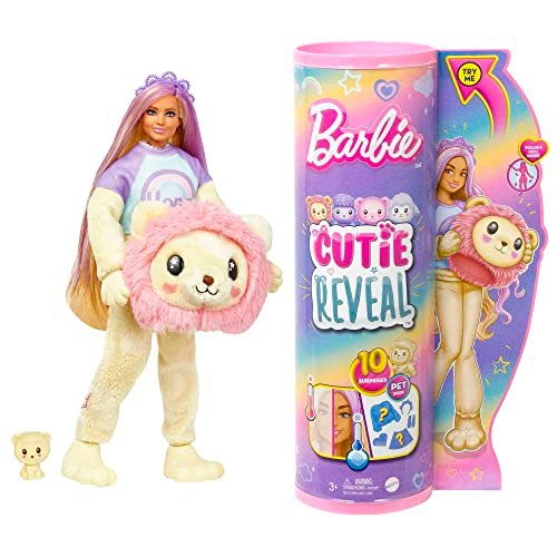 Barbie, Cutie Reveal Serie Pigiamini, Bambola con Costume da Leone di Peluche, t-Shirt Hope e Accessori, 10 Sorprese Cambia Colore, Giocattolo per Bambini, 3+ Anni, HKR06