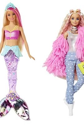 Barbie Dreamtopia Mermaid Doll, Blonde with Moving Tail and Lights, Toy for Kids 3+ Years, Multicolor & Extra No. 3 – Jointed Doll with Pink Fur and Piggy-Unicorn – 15 Accessories