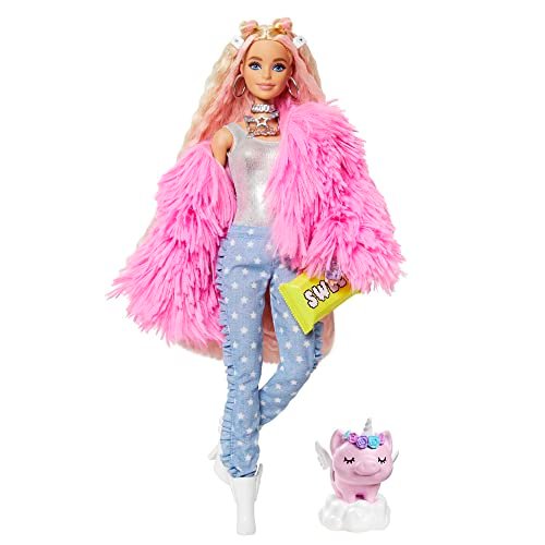 Barbie Extra n.3 - Bambola Snodata con Pelliccia Rosa e Maialino-Unicorno - 15 Accessori - Look Fashion con Ciocche Rossa - Regalo per Bambini 3+ Anni, GRN28