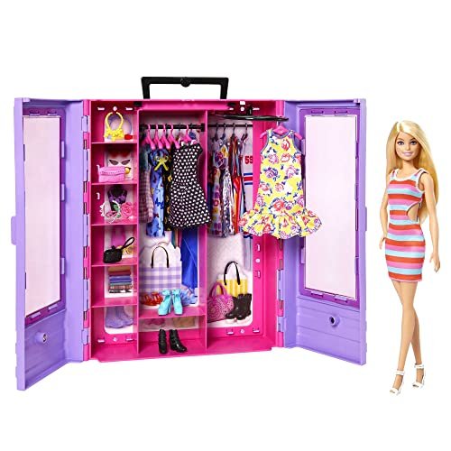 Barbie Fashionistas Armadio Moda Look Playset con bambola, richiudibile e trasportabile, abiti, accessori e grucce, Giocattolo e regalo per Bambini 3+ Anni, HJL66
