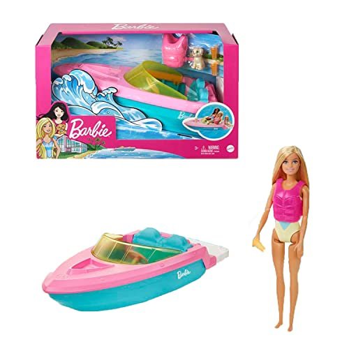 Barbie Playset con Bambola Bionda, Motoscafo Galleggiante, Cucciolo e Accessori, Giocattolo per Bambini 3+Anni, GRG30