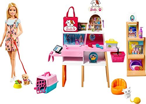 Barbie Playset Negozio degli Animali con Bambola Bionda, 4 Animaletti e Tanti Accessori, Giocattolo per Bambini 3+Anni,GRG90
