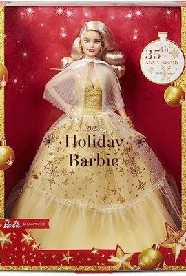 Barbie Signature - Barbie Holiday Magic 2023, collectible doll with blonde hair and a golden dress, display-ready packaging, holiday gift, toy for children aged 6+, HJX08