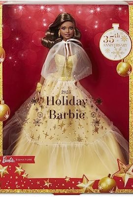 Barbie Signature - Barbie Holiday Magic 2023, collectible doll with dark brown hair and a golden dress, toy for children aged 6+, HJX05