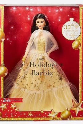 Barbie Signature - Barbie Holiday Magic 2023, collectible doll with sleek black hair and a golden dress, display-ready packaging, holiday gift, toy for kids, ages 6+, HJX07