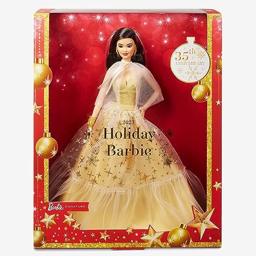 Barbie Signature - Barbie Magia delle Feste 2023, bambola da collezione con capelli lisci neri e abito dorato, confezione da esporre, regalo per le feste, giocattolo per bambini, 6+ anni, HJX07