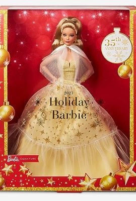 Barbie Signature Holiday Magic 2023, collectible doll with light brown hair and a golden dress, display-ready packaging, holiday gift, toy for kids, ages 6+, HJX06