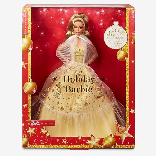 Barbie Signature Magia delle Feste 2023, bambola da collezione con capelli castano chiaro e abito dorato, confezione da esporre, regalo per le feste, giocattolo per bambini, 6+ anni, HJX06